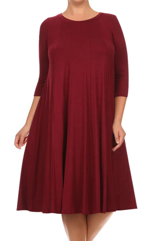 Women's Plus Size Casual 3/4 Sleeves A-Line Pleated Dress