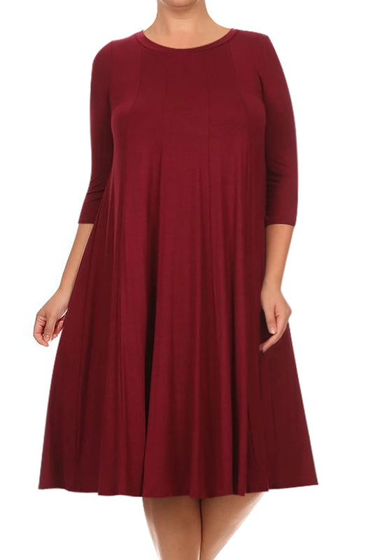 Women's Plus Size Casual 3/4 Sleeves A-Line Pleated Dress
