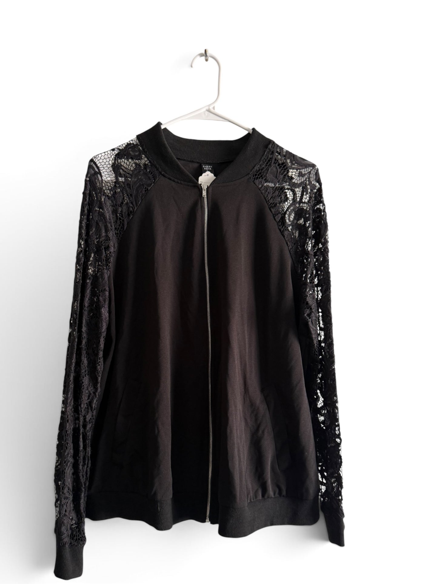 Black Lace Sleeve Bomber Jacket