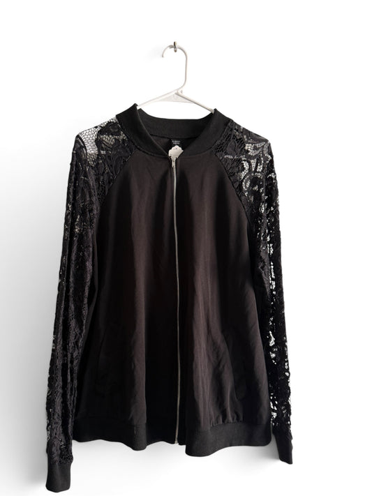 Black Lace Sleeve Bomber Jacket